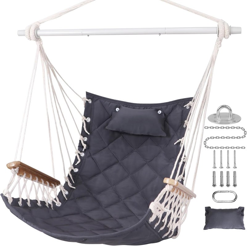 ROOITY Hammock Chair Hanging Swing with Wooden Armrests;Steel Spreader Bar,Pillows,Hardware kit Included;Cotton Woven Fabric;Up to 350 Lbs,for Indoor or Outdoor - Image 1